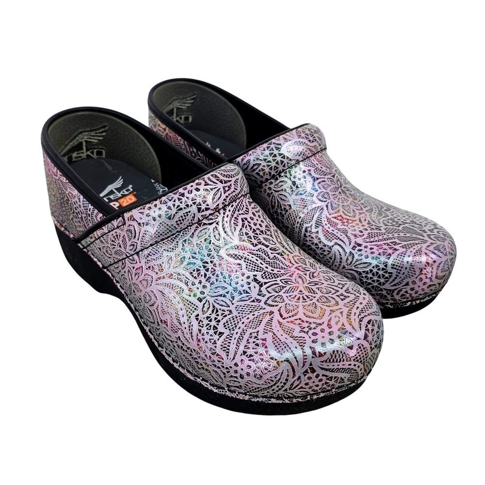 Dansko XP 2.0 Iridescent Lace Leather Professional Clogs Silver Multi Size 38
